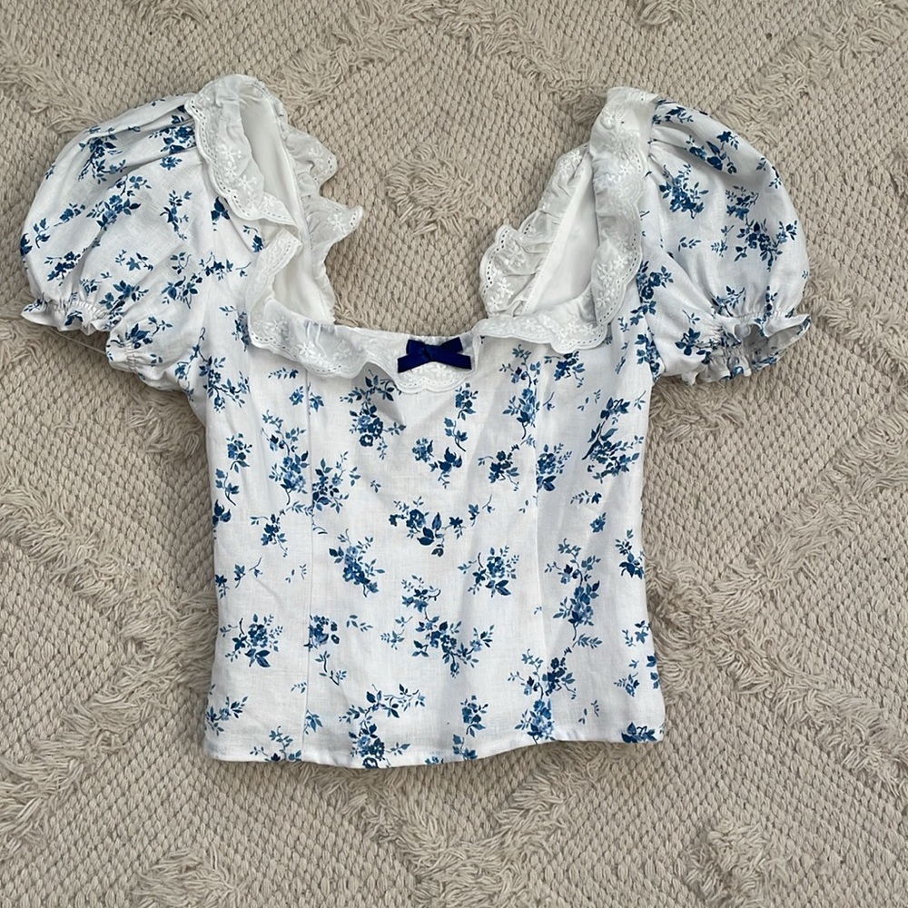New Reformation Alice Lace Trim Puff Sleeve Crop Top - Picture 3 of 7